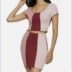 Junior’s Plus Size Women's 2 Colors SET Top & Skirt Almost Famous Pink-Burgundy